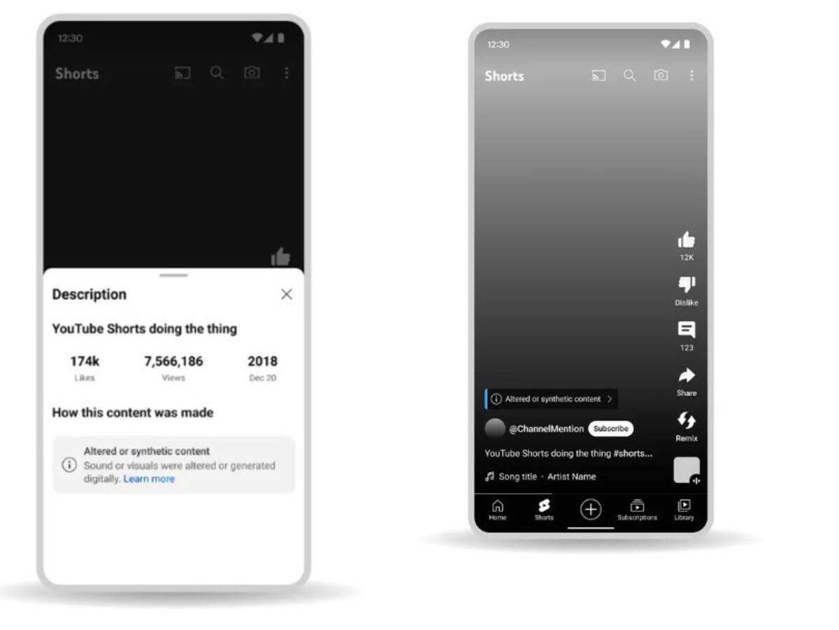 Así lucirán las etiquetas o marcas con las que YouTube te advertirá si el video cuenta con alteraciones o partes hechas con IA. Fuente: YouTube