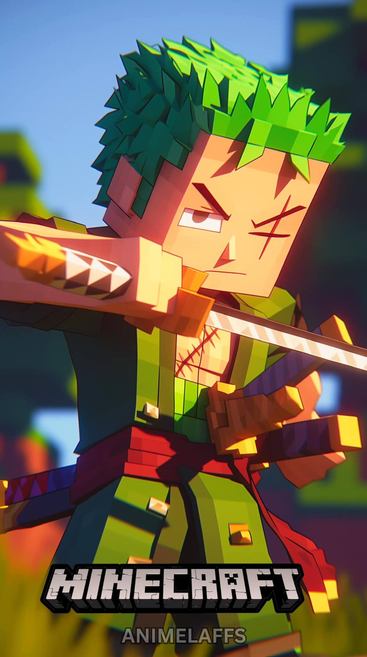 Zoro en el mundo minecraft según una IA
