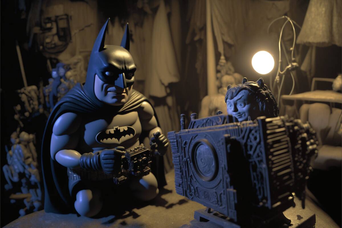 "Batman cobra vida con la magia del stop motion impulsada por inteligencia artificial, deslizándose entre las sombras animadas de Gotham."