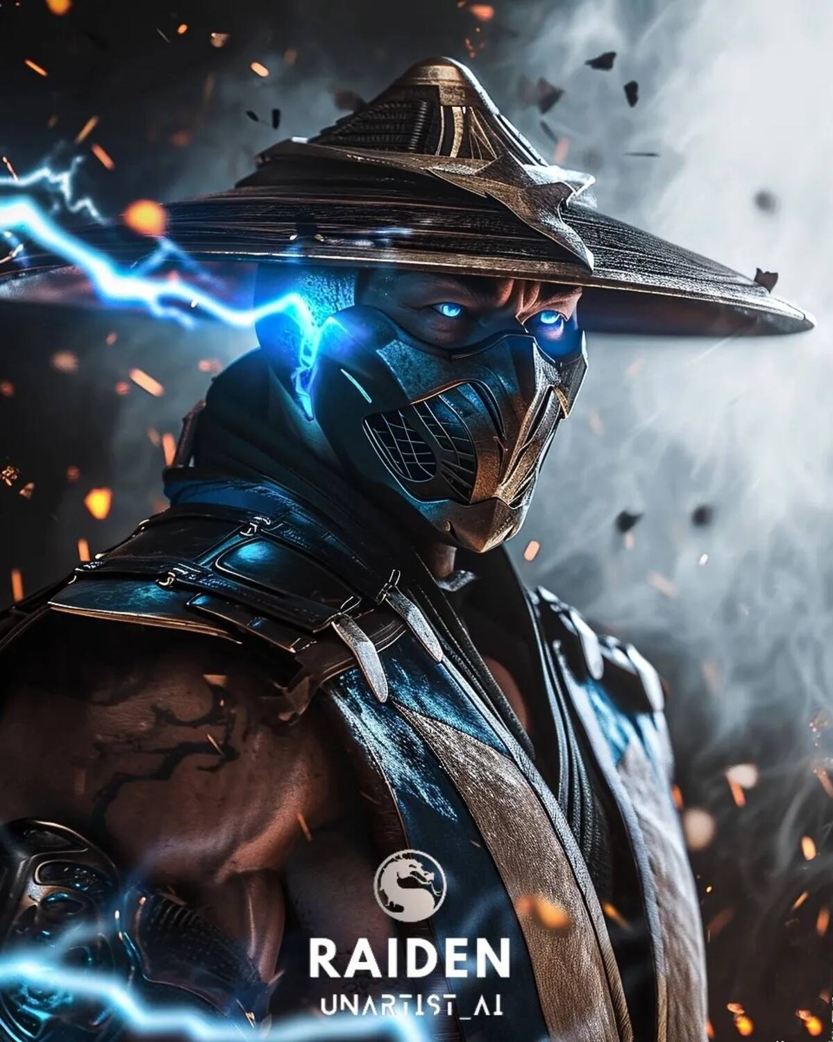 Raiden cobra vida: versión realista por IA, capturando la esencia trascendental de Mortal Kombat.