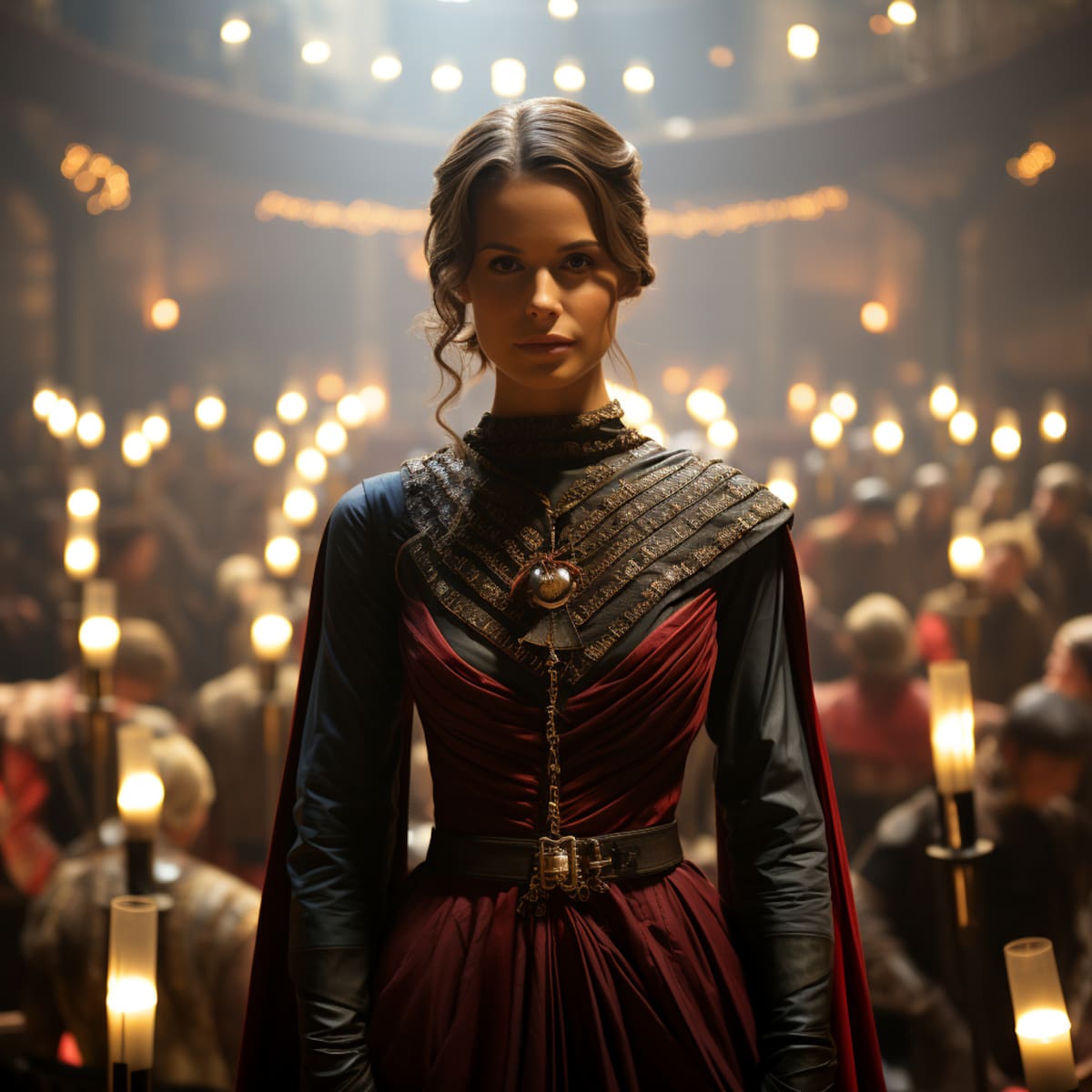 El aprendiz seducido por el Lado Oscuro conspira en sombras. Escenas oscuras, con contrastes fuertes, capturan su deseo de poder y traición.