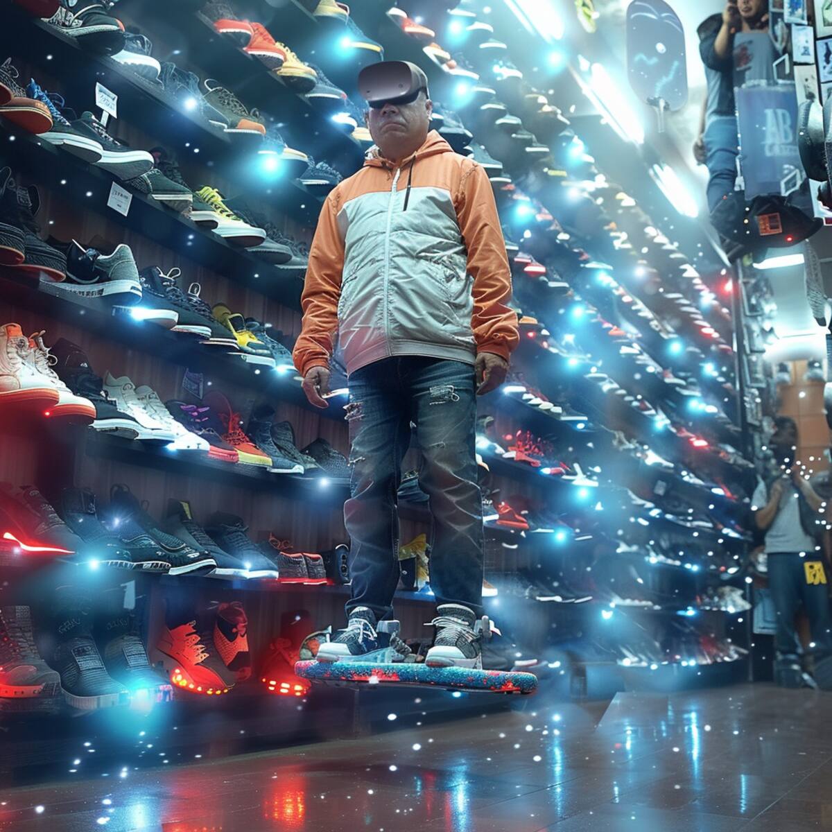 La venta de zapatos cambian por completo; los vendedores vuelan en su tabla antigravedad, y los zapatos se caracterizan por su antigravedad