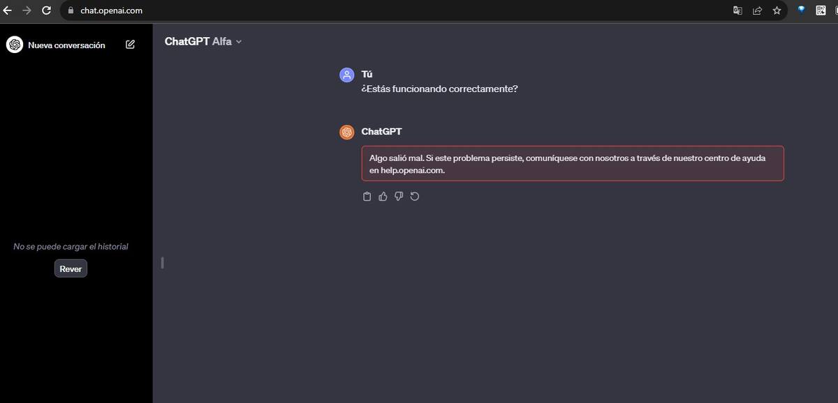 Captura del fallo que se presentaba en ChatGPT y que ha paralizado el uso del bot hasta el momento.