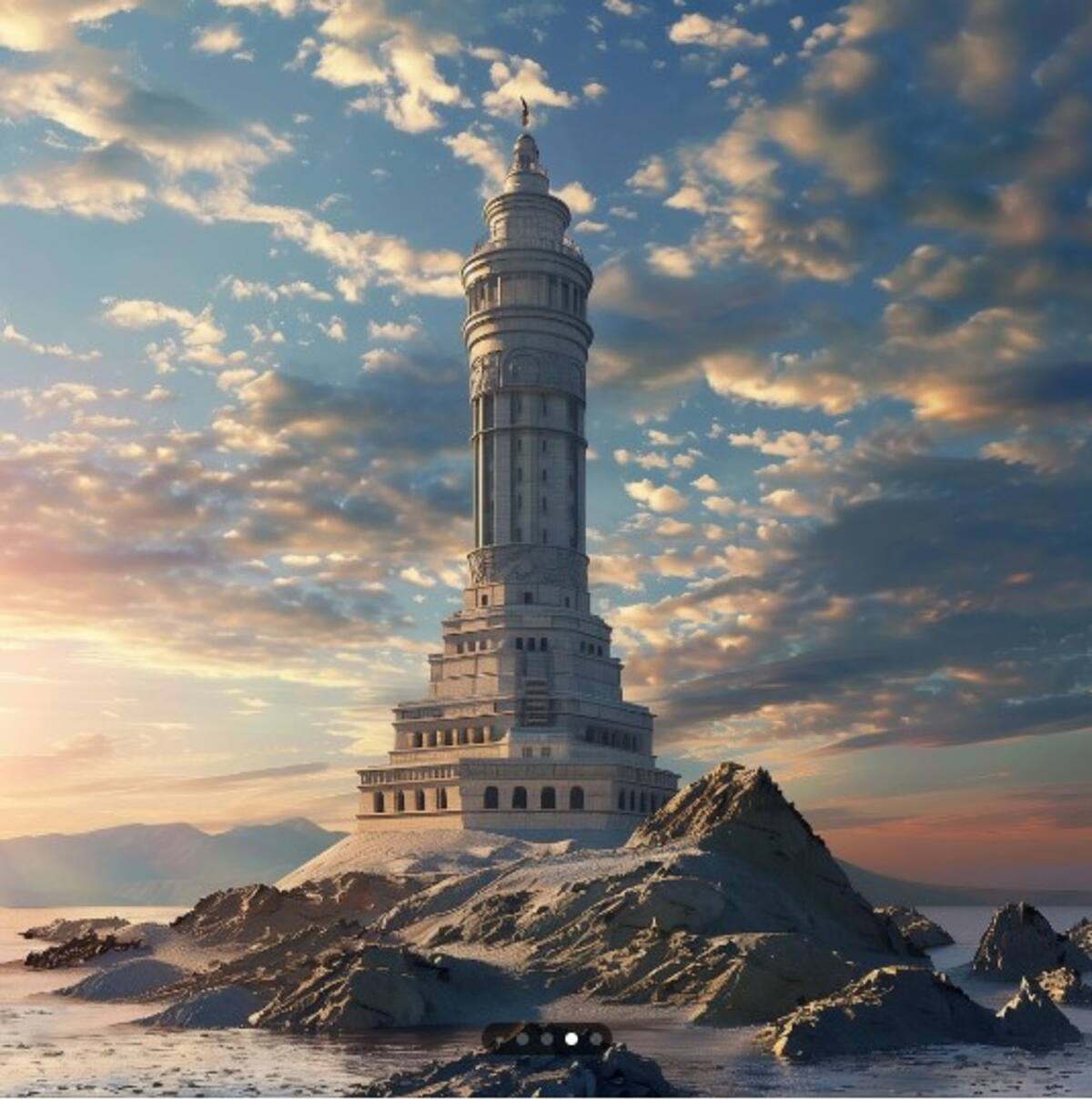 El Faro de Alejandría: Una de las primeras maravillas tecnológicas del mundo antiguo, un faro gigantesco construido en la ciudad de Alejandría, Egipto, para guiar a los marineros a salvo a través de las peligrosas aguas del puerto.