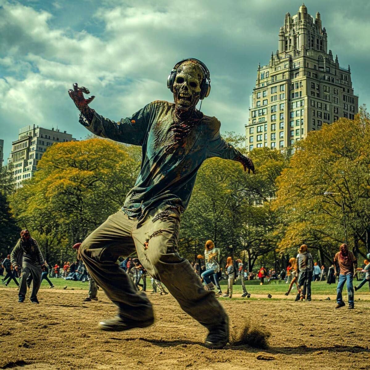 "Actividades Nocturnas en la Comunidad No Muerta: Zombies Socializando y Jugando Deportes"