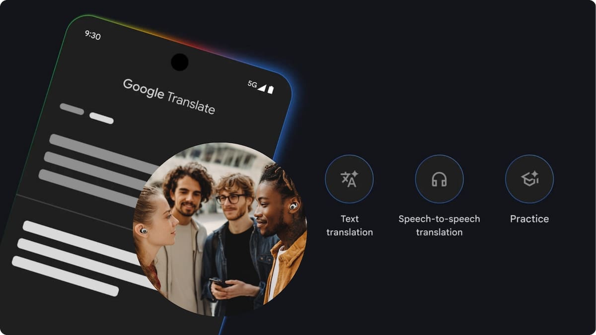 La traducción funciona mediante la aplicación de Google, al conectar los audífonos y seleccionar la opción "traducción en vivo". | Foto: Google/Canva