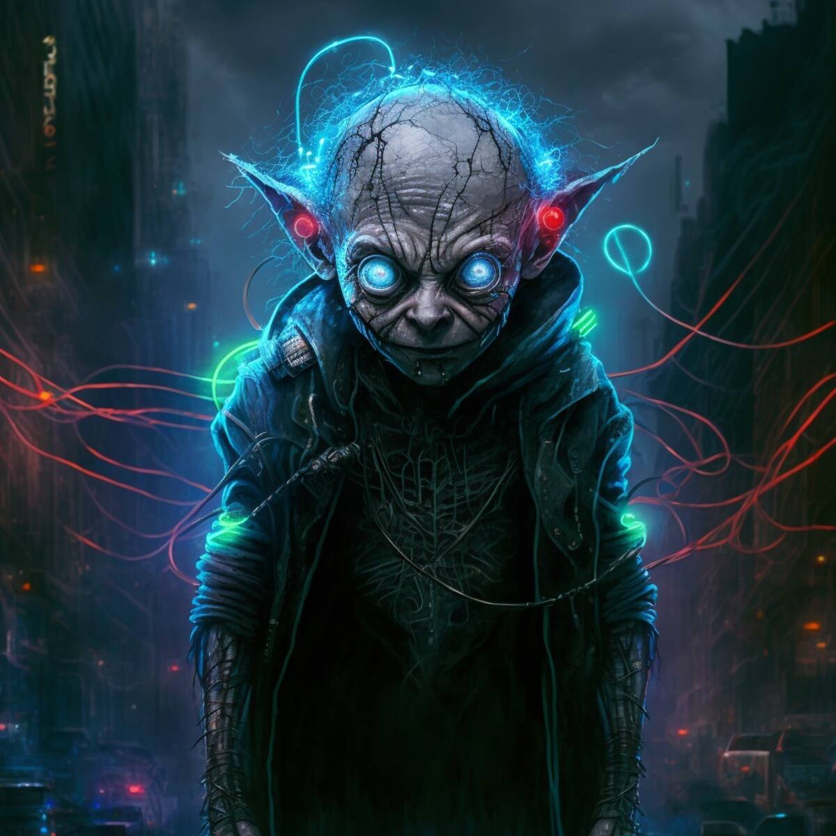 Gollum en la versión según una inteligencia artificial en estética cyberpunk