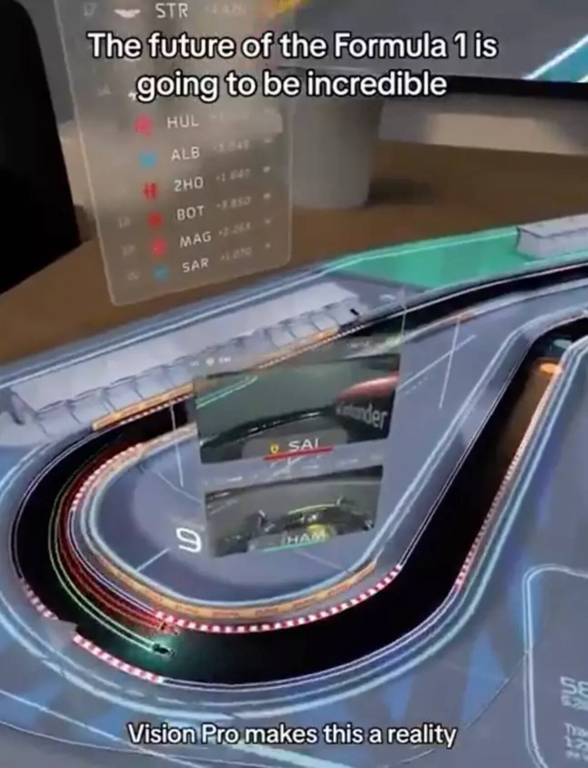 Con los Apple Vision Pro podrás hacer un seguimiento detallado de la posición de los autos en una pista simulada, al mismo tiempo que sintonizas la trasmisión en vivo.
