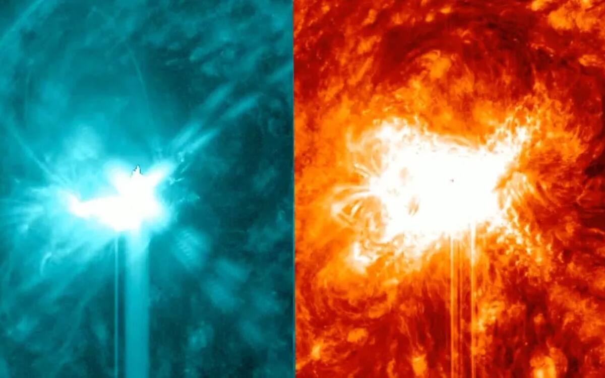 La primera ráfaga lanzada por AR3950 fue una tormenta de magnitud X1.8, vista aquí en dos longitudes de onda. (Crédito de la imagen: NASA/SDO)