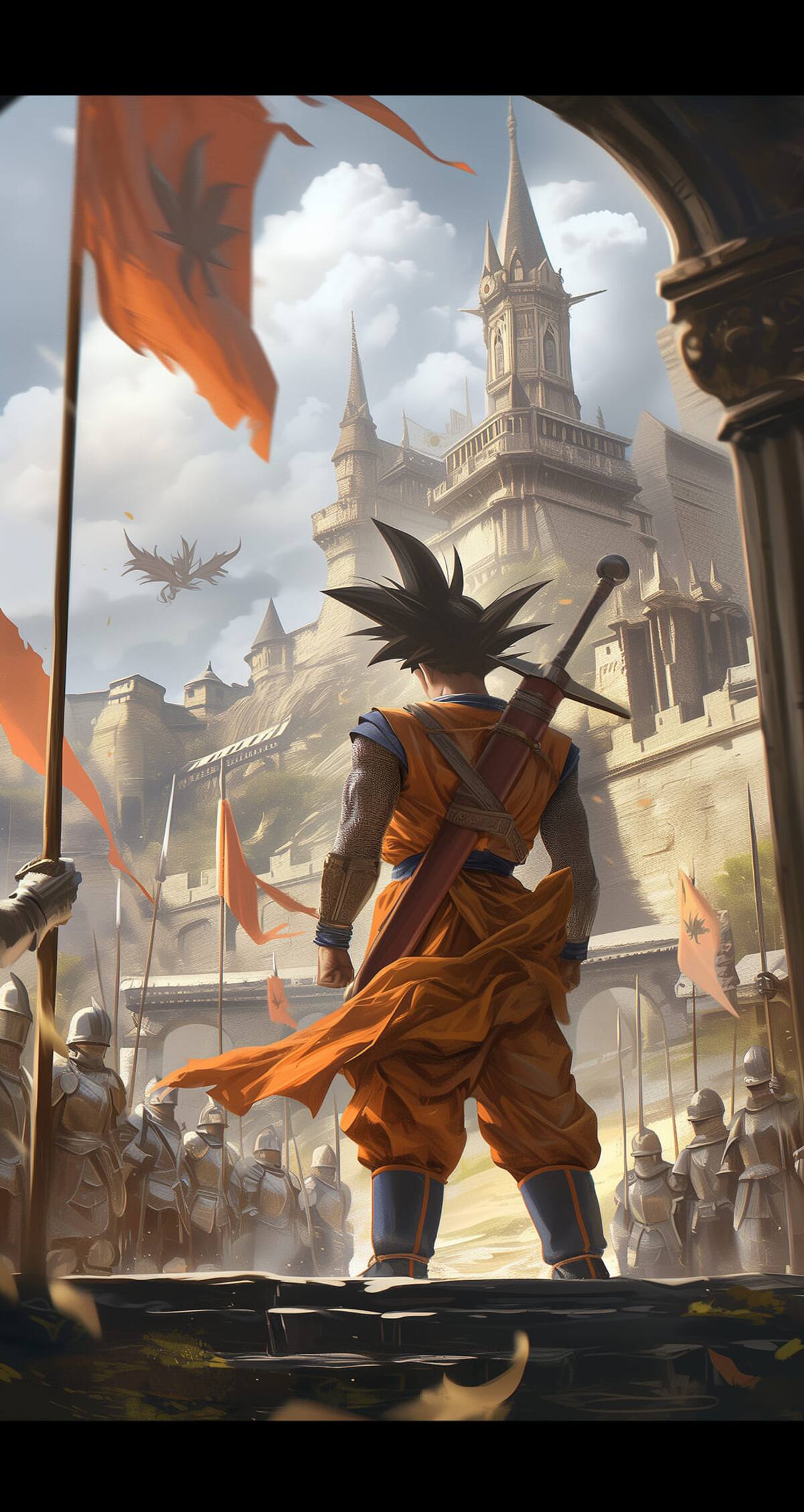 Gokú con su espada enfrente del castillo. En lugar de tener su báculo sagrado, utiliza una espada para enfrentarse al dragon.