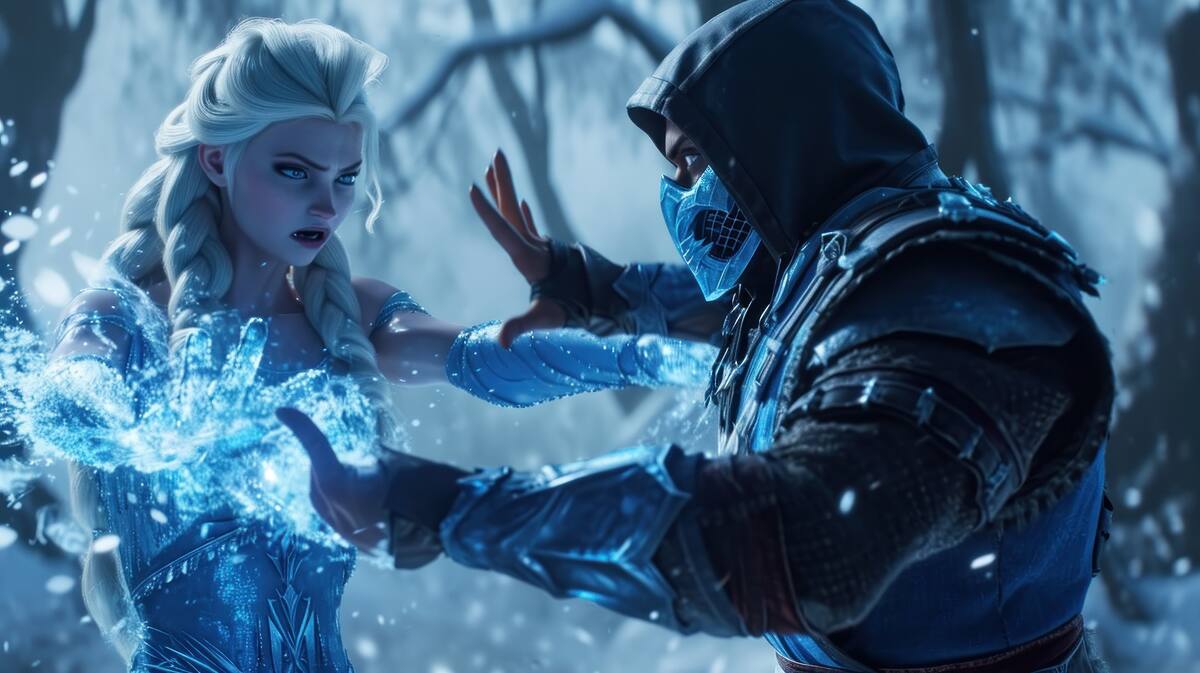 Blu-ray screengrab 32k a picture scene Elsa from Frozen fighting with Sub-zero from Mortal Kombat Unreal Engine 5 --ar 16:9 --v 6 Job ID: 993c2c6f-dd76-4fb3-8946-dfc84e19c18c