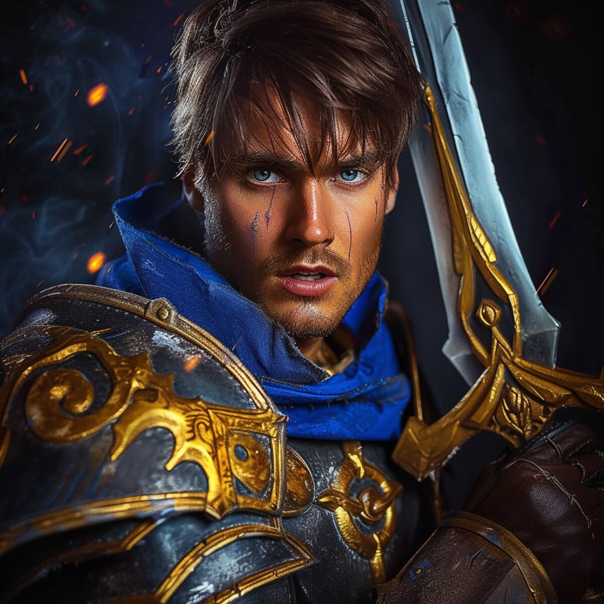 Garen tiene un rostro imponente; con cabello corto y ojos azules