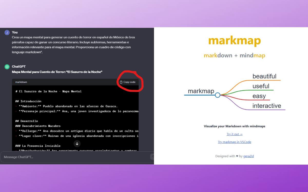 Asegúrate de copiar el código generado con el prompt en MarkMap, para así elaborar un mapa vistoso que te sirva de guía en la elaboración de tu proyecto.