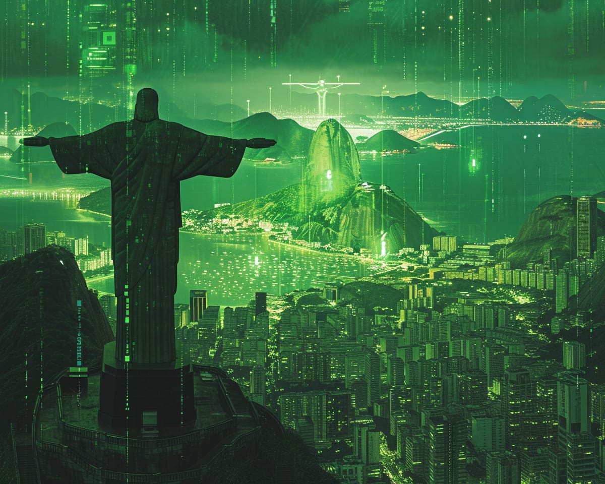 El jesucristo redentor en estética cyberpunk según una IA