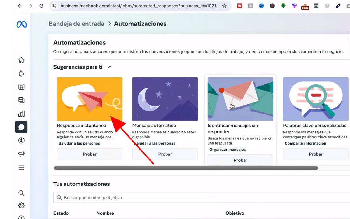 Primero deberás de abrir un perfil en la plataforma de Meta Business Suite para negocios, ya que allí es de donde podremos habilitar la opción de mensajes automáticos, como se muestra en la imagen.