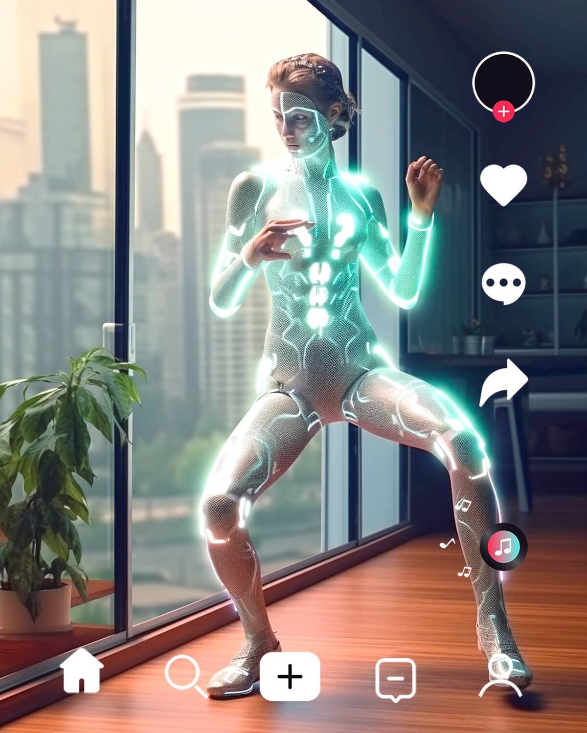 El futuro de las redes sociales según una IA con trajes holográficos.