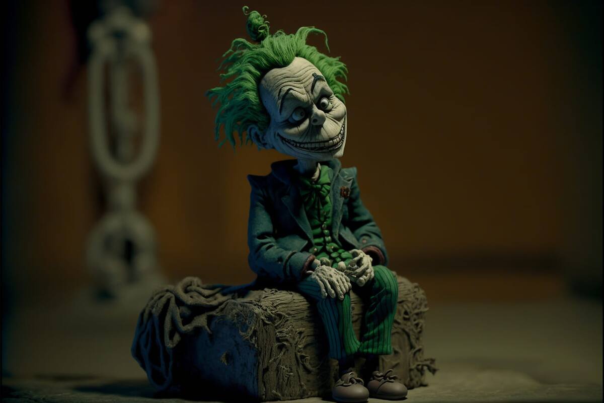 "En el juego de la locura, el Joker pinta sonrisas en el lienzo animado por inteligencia artificial, desafiando a Batman con carcajadas virtuales."