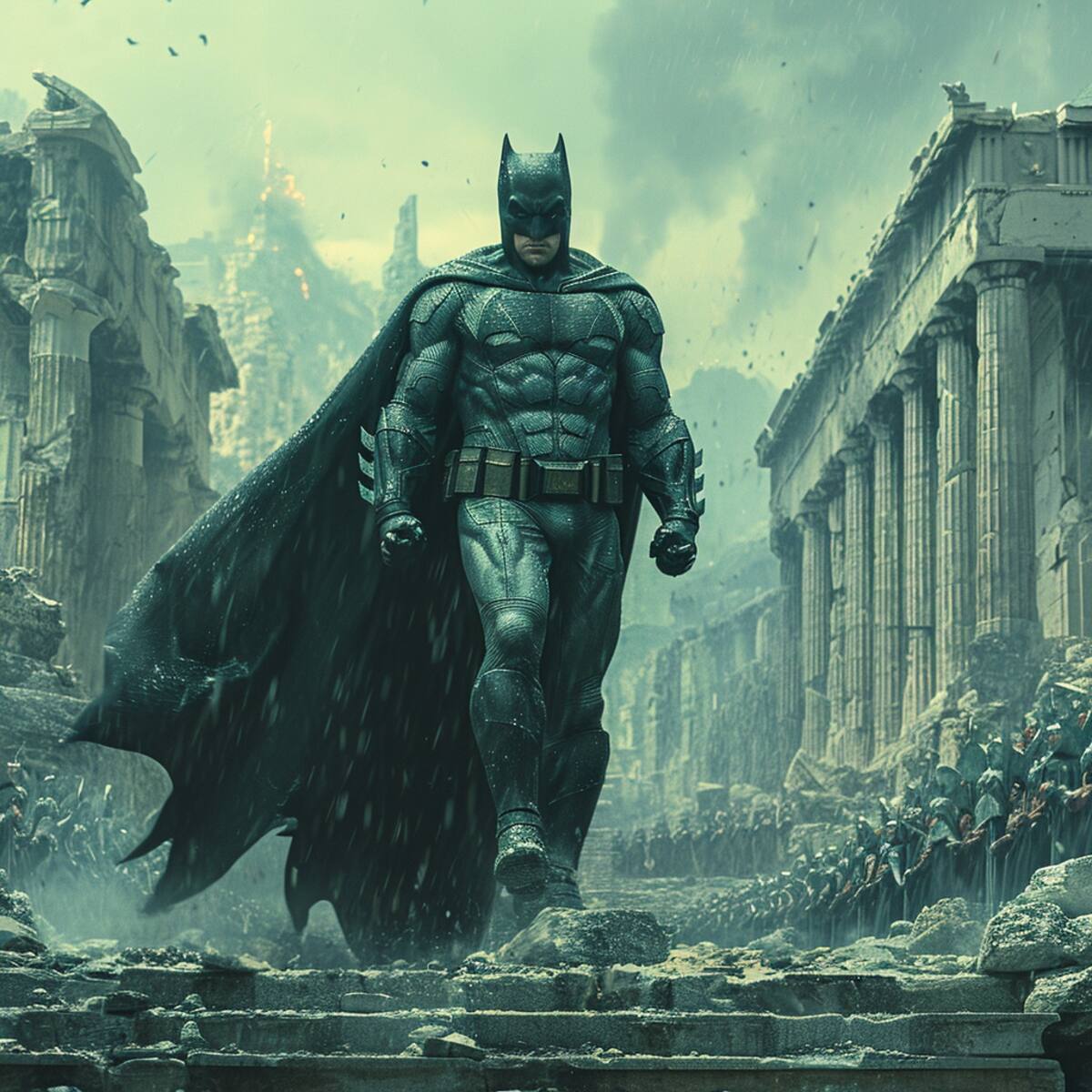 Batman el Caballero de la Noche sobre las ruinas de la antigua Grecia