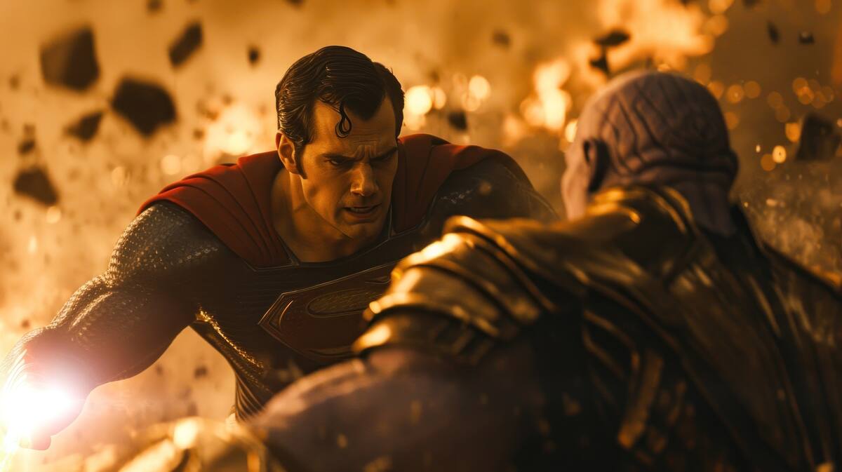 scenes of henry cavill as superman fighting with Thanos , cinematic, David Fincher photography style, 8k --ar 16:9 --style raw --v 6 Job ID: af7f223b-69c1-43b6-a89c-b87c9aff2e17