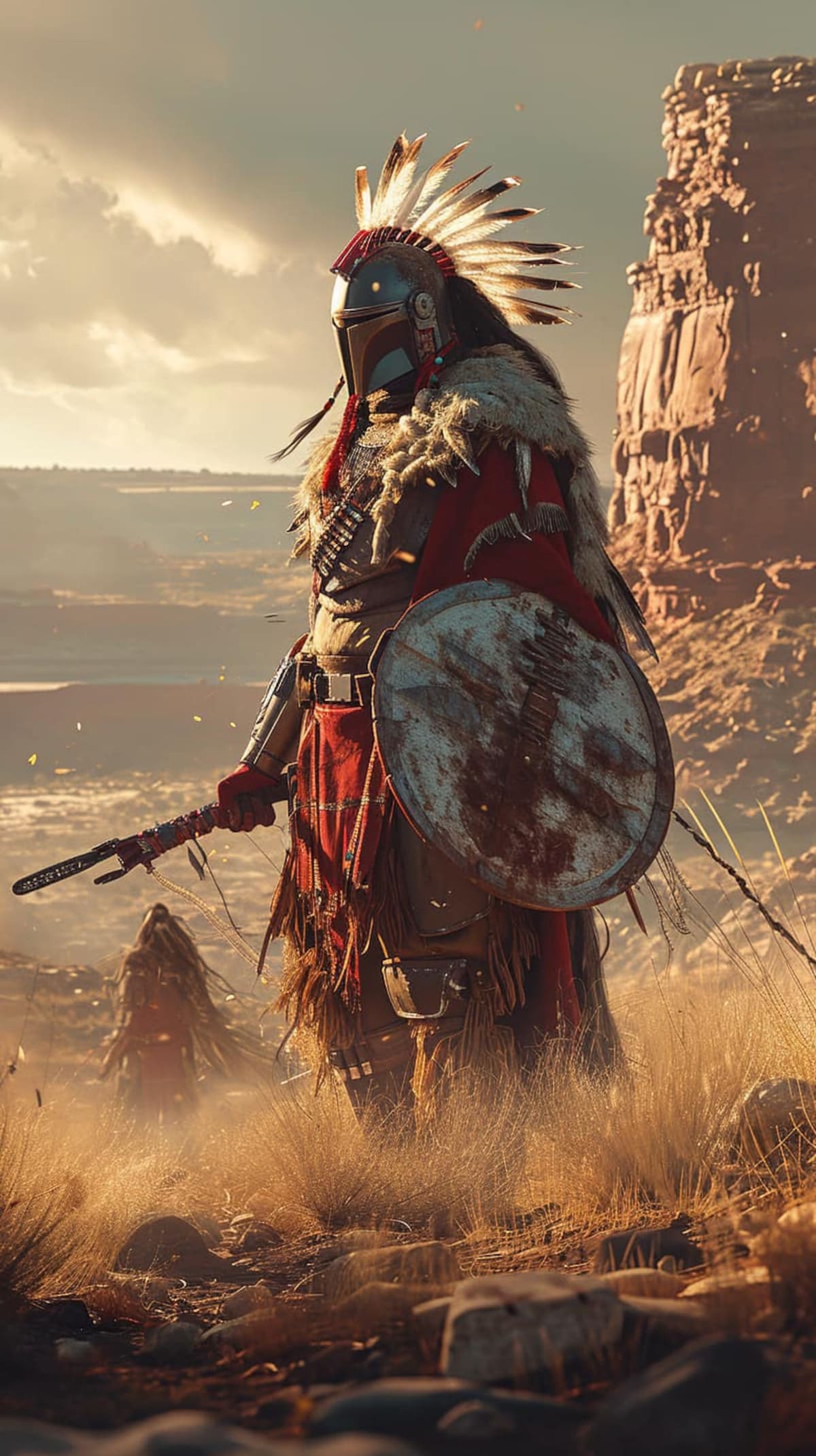 Con su gran penacho y gran escudo, la fusión de los apaches y los mandalorianos están en todas partes.