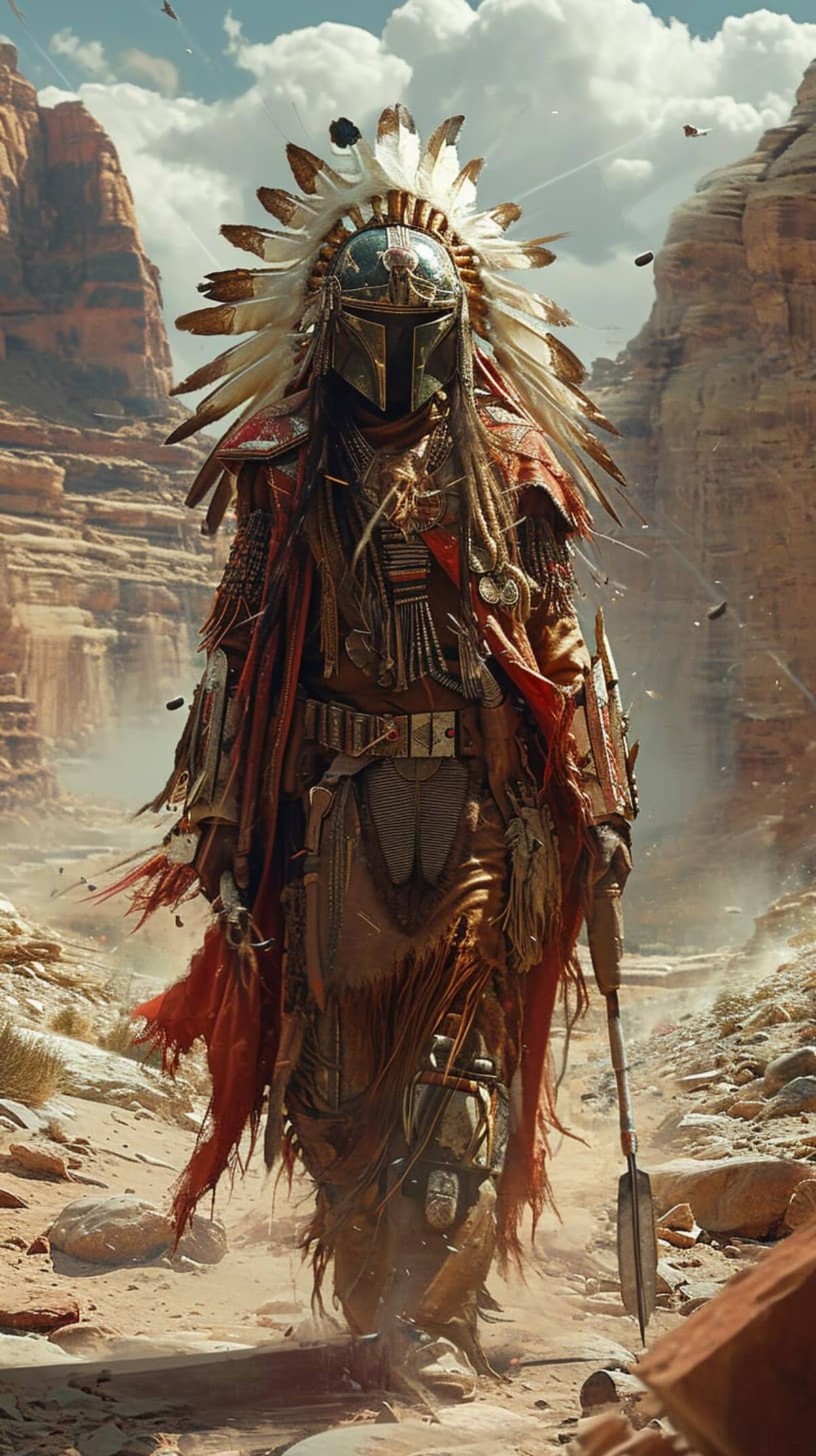 Con su gran penacho y gran escudo, la fusión de los apaches y los mandalorianos están en todas partes.