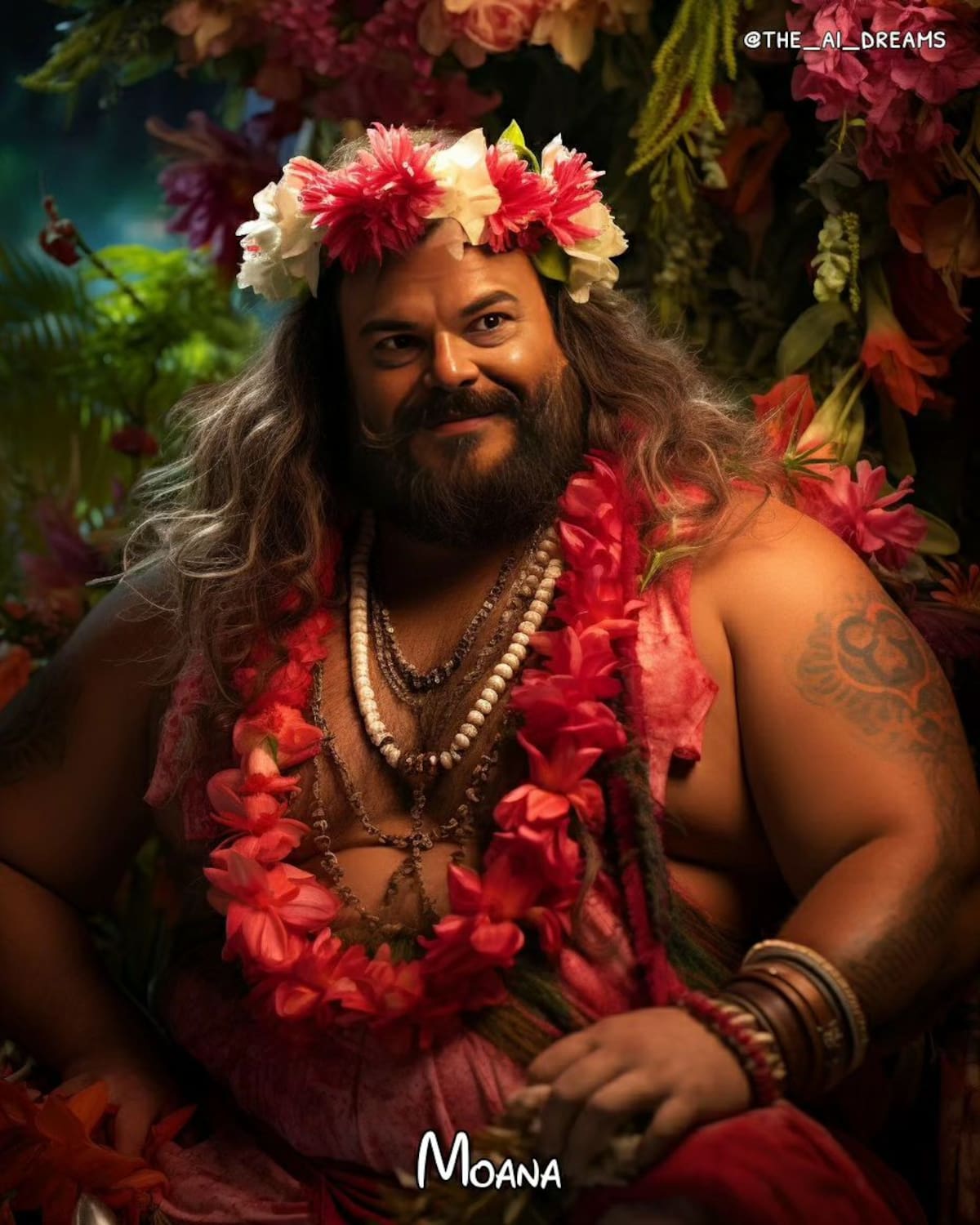 Jack Black como la princesa Moana de Disney según la Inteligencia Artificial