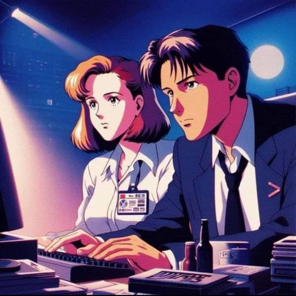 Mulder y Scully aparecen animados tras un teclado bajoe el estilo de un anime de los 90, una imagen bella con filtros de la época y un fondo misterioso en tonos ámbar.