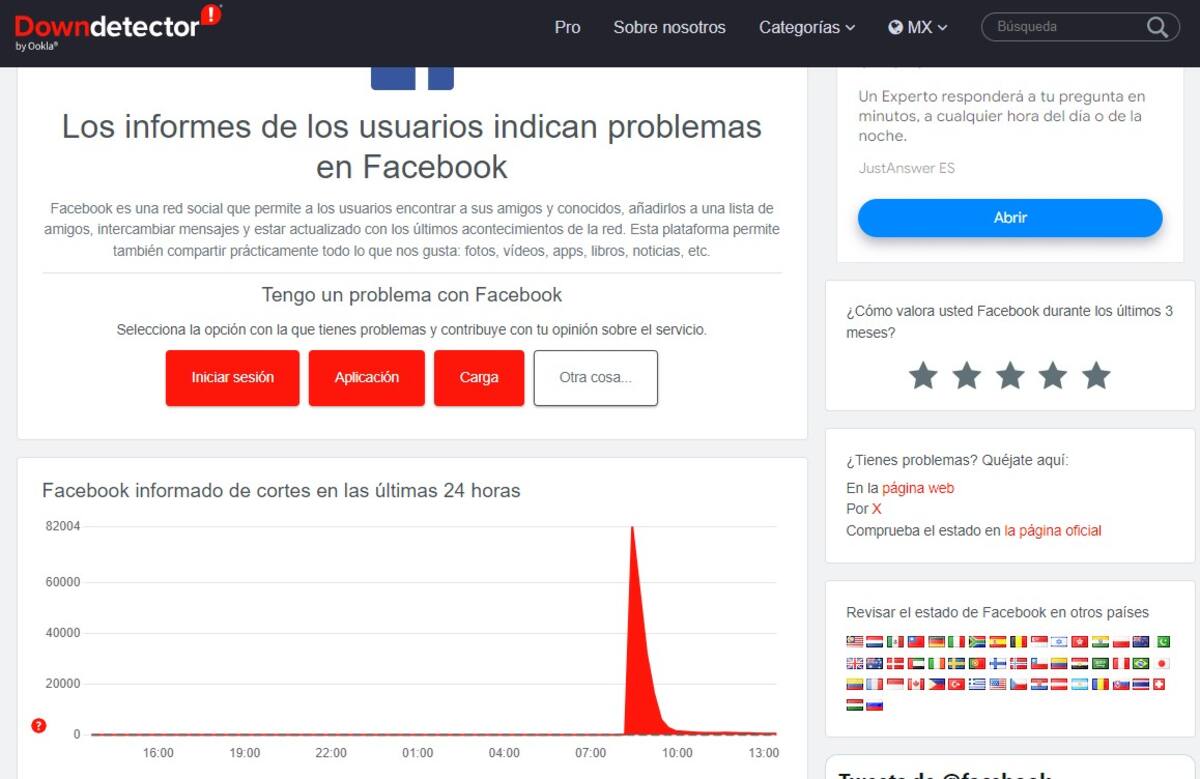 Gracias a la participación activa de sus usuarios, DownDetector se ha convertido en la plataforma más socorrida para confirmar fallos en alguna plataforma en línea como la de Instagram o Facebook. Fuente. Captura de pantalla.