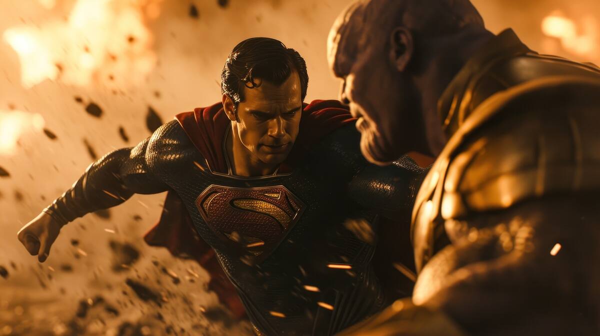 scenes of henry cavill as superman fighting with Thanos , cinematic, David Fincher photography style, 8k --ar 16:9 --style raw --v 6 Job ID: 05b9ad10-1d85-4040-8ef1-ea64918a5c02