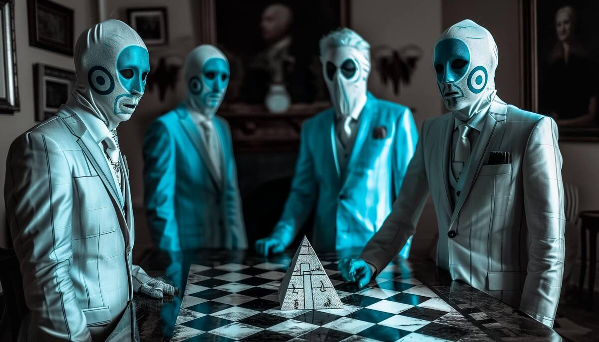 Alrededor de la figura triangular, los illuminatis con el orden mundial controlan todo.
