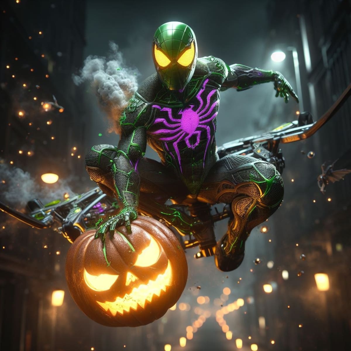 El personaje sobre su planeador y calabazas gigantes, en un ambiente oscuro apunto de desatar su calabaza-bomba.│ Crédito Supernal Studios