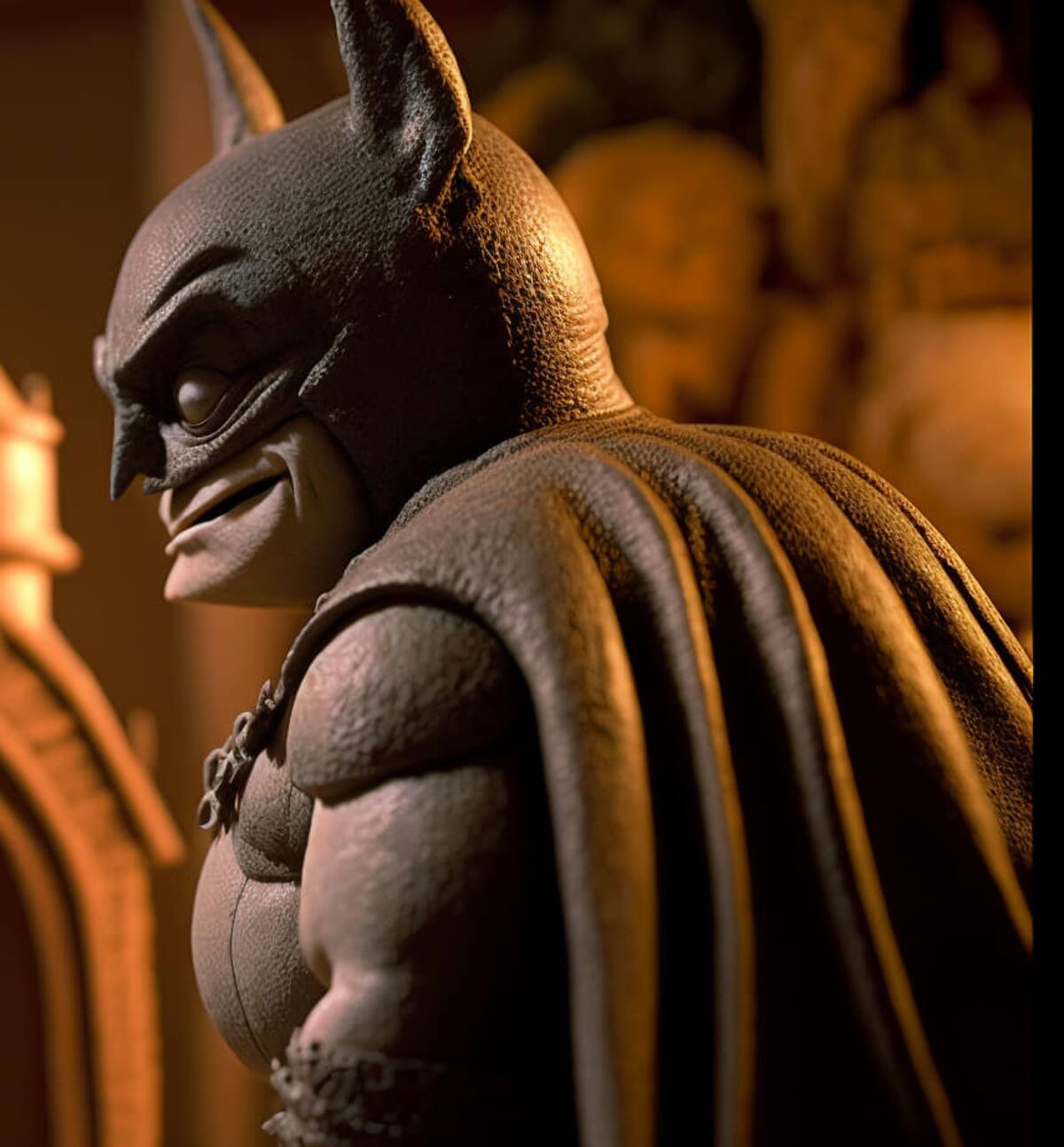"Batman cobra vida en un fascinante stop motion potenciado por inteligencia artificial, desafiando el crimen en la oscuridad animada."