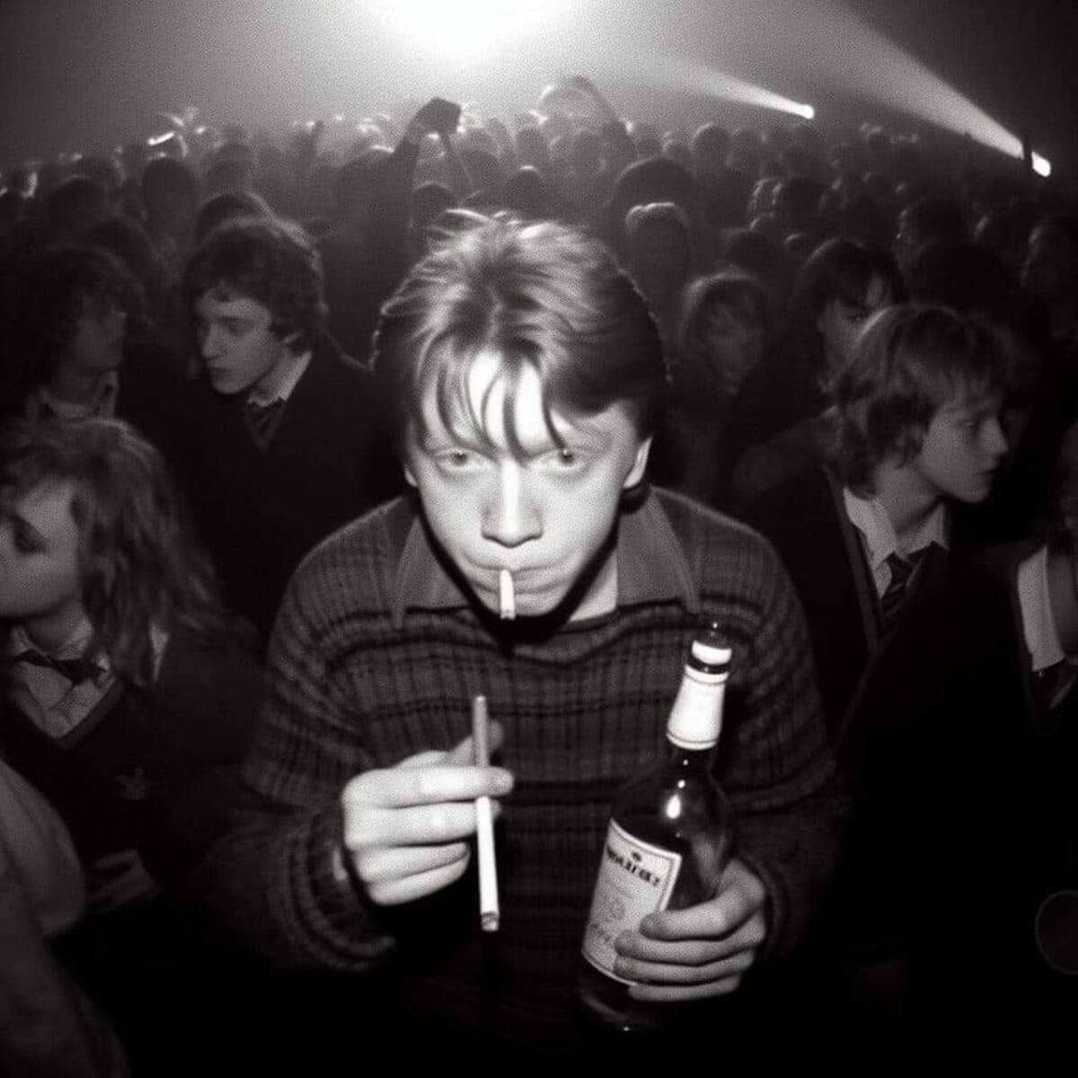 Ron Weasley en el rave nocturno de Hogwarts, apunto de beber en el baile.