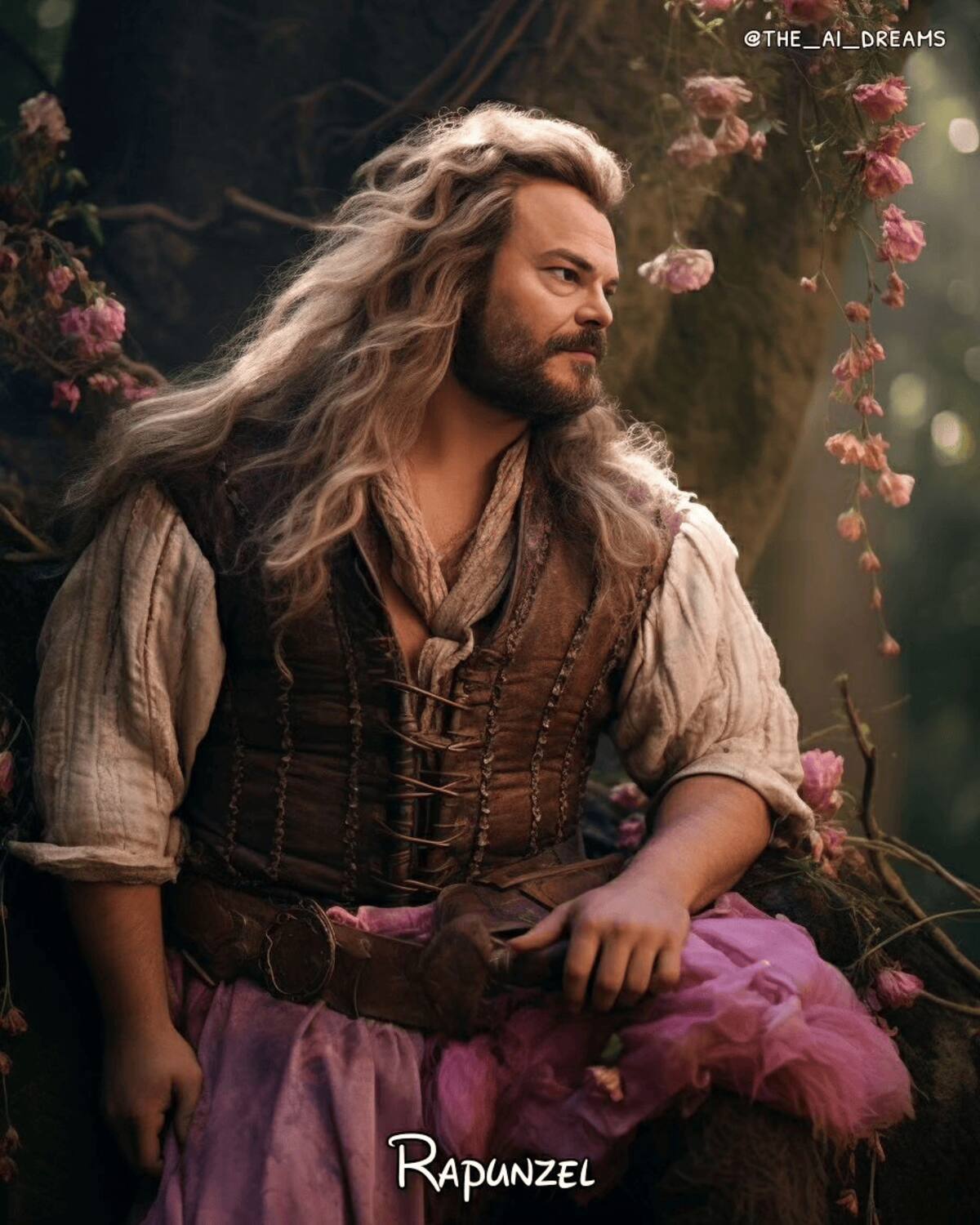 Jack Black como la princesa Rapunzel de Disney según la Inteligencia Artificial