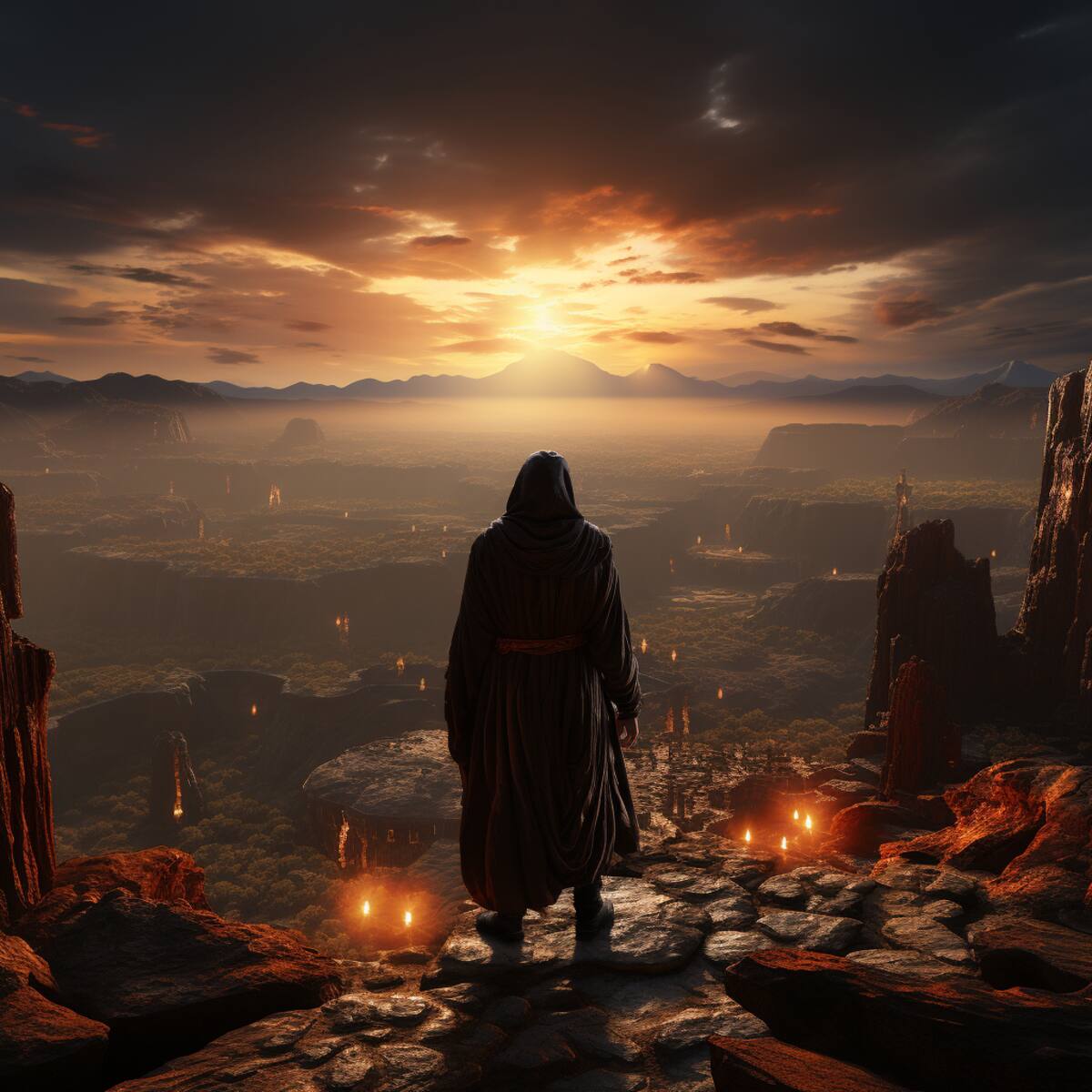 En un paisaje ancestral, un Jedi primigenio, vestido en túnicas primitivas, contempla el horizonte desde la cima de una montaña, evocando sabiduría y poder.