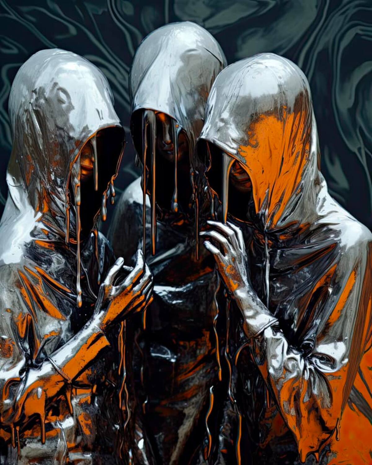 Humanoides de petróleo metálico, creado con inteligencia artificial y revisando desde cerca sus propios esqueletos