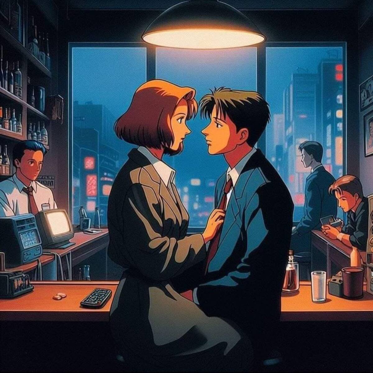 Mulder y Scully aparecen sentados frente a frente de manera romántica en un escritorio, una imagen que seguro fascinará a los fans de esta pareja.
