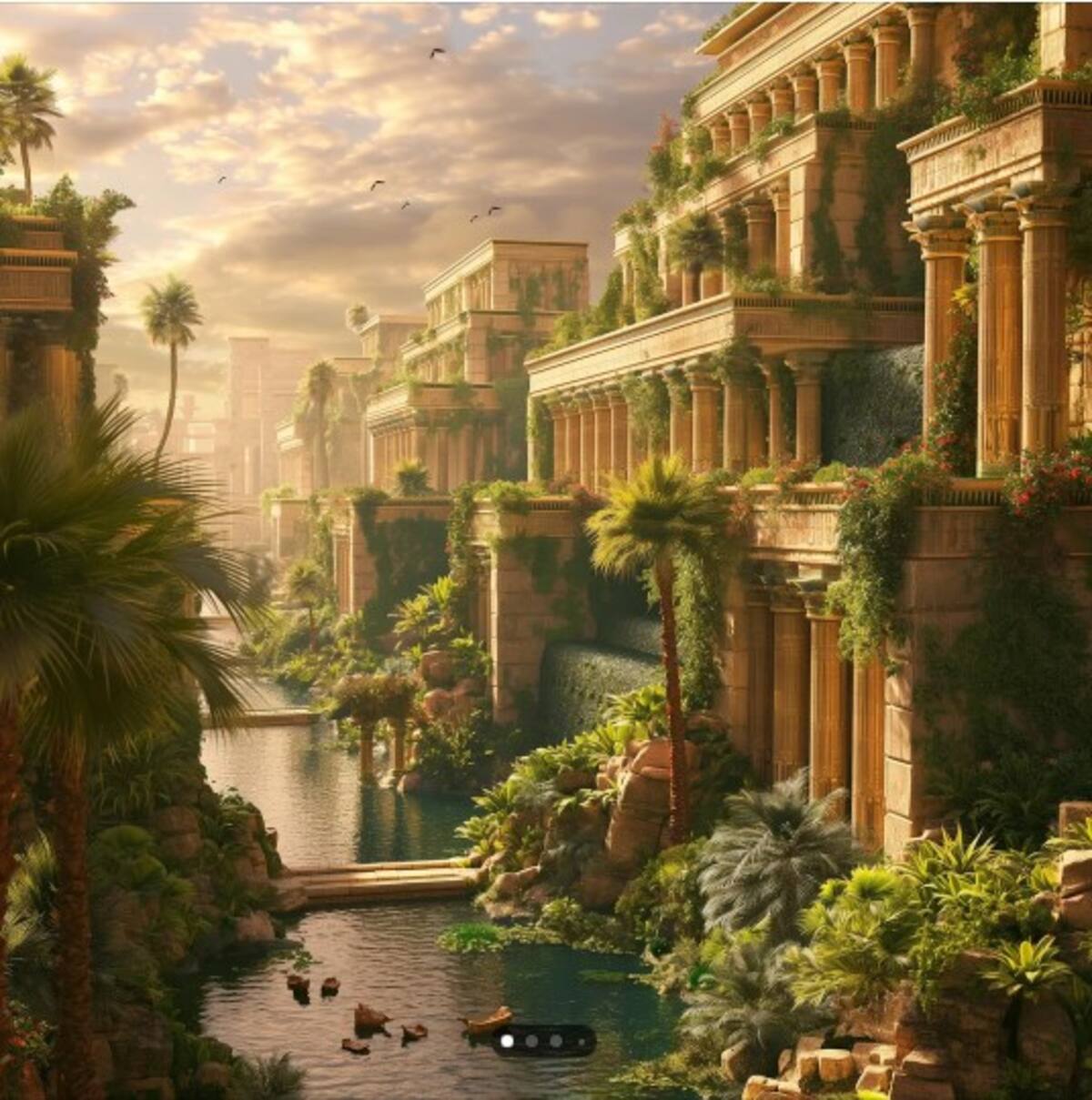 Los Jardines Colgantes de Babilonia: Espectaculares jardines construidos en terrazas elevadas por el rey Nabucodonosor II en Mesopotamia, aunque su existencia exacta sigue siendo objeto de debate e incertidumbre histórica.