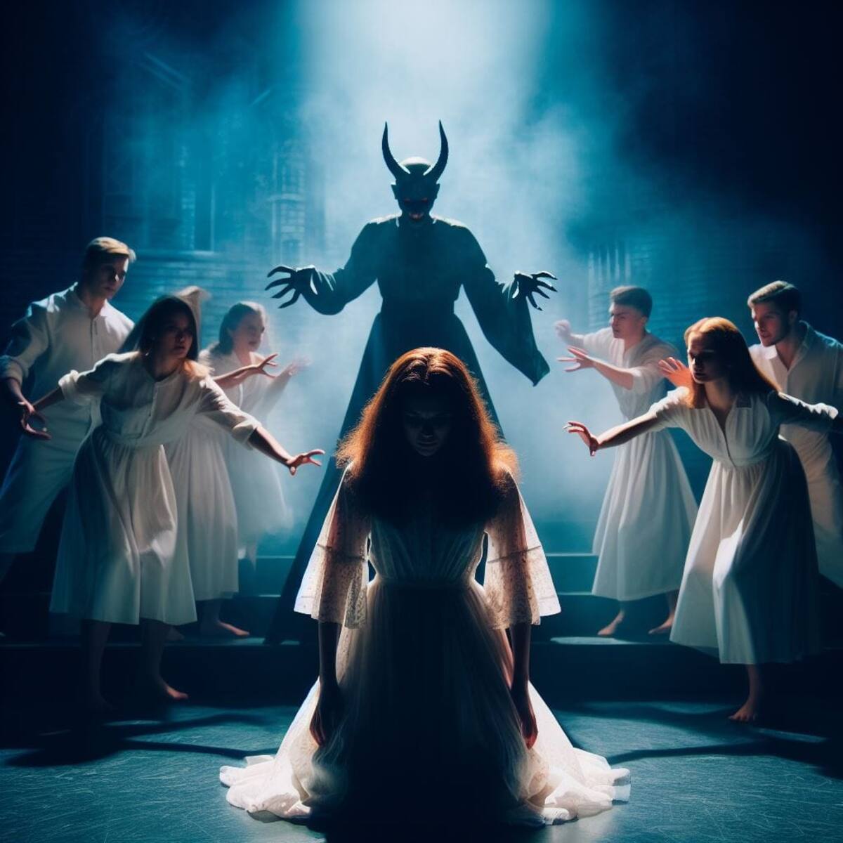 El ritual apunto de ser realizado; Regan de pie y una figura demoniaca de fondo