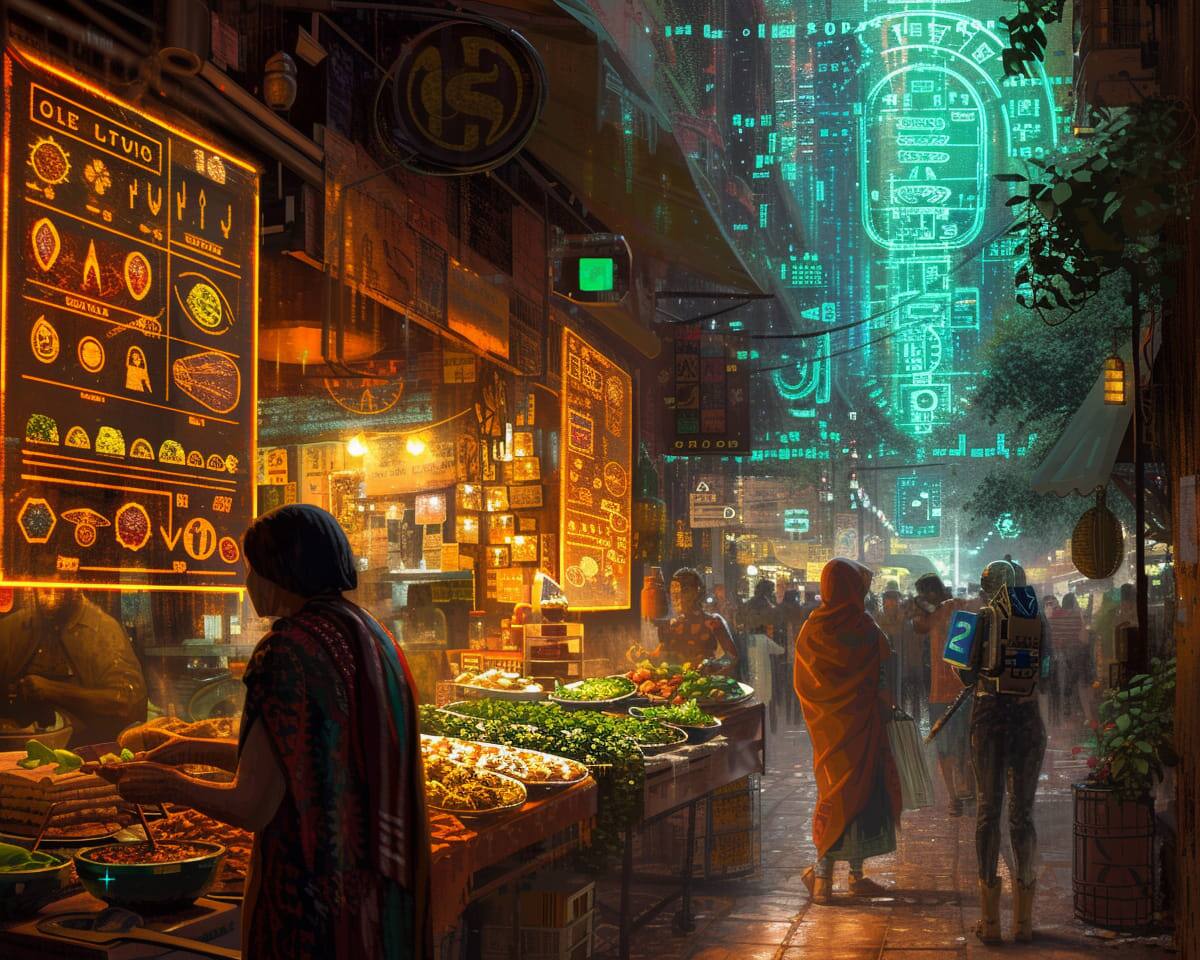 Los mercados de la ciudad en versión cyberpunk según una IA