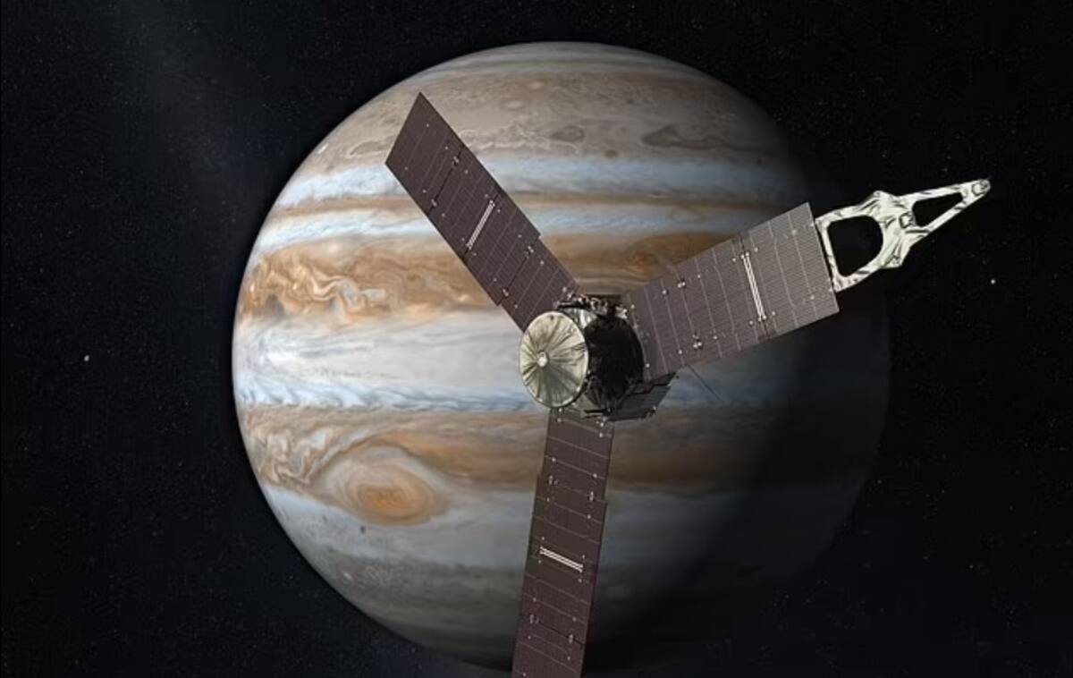Juno, una nave espacial propulsada por energía solar y en rotación, alcanzó Júpiter en 2016 tras un viaje de cinco años. Esto se ilustra en la imagen del artista. Fuente: NASA/CALTECH.