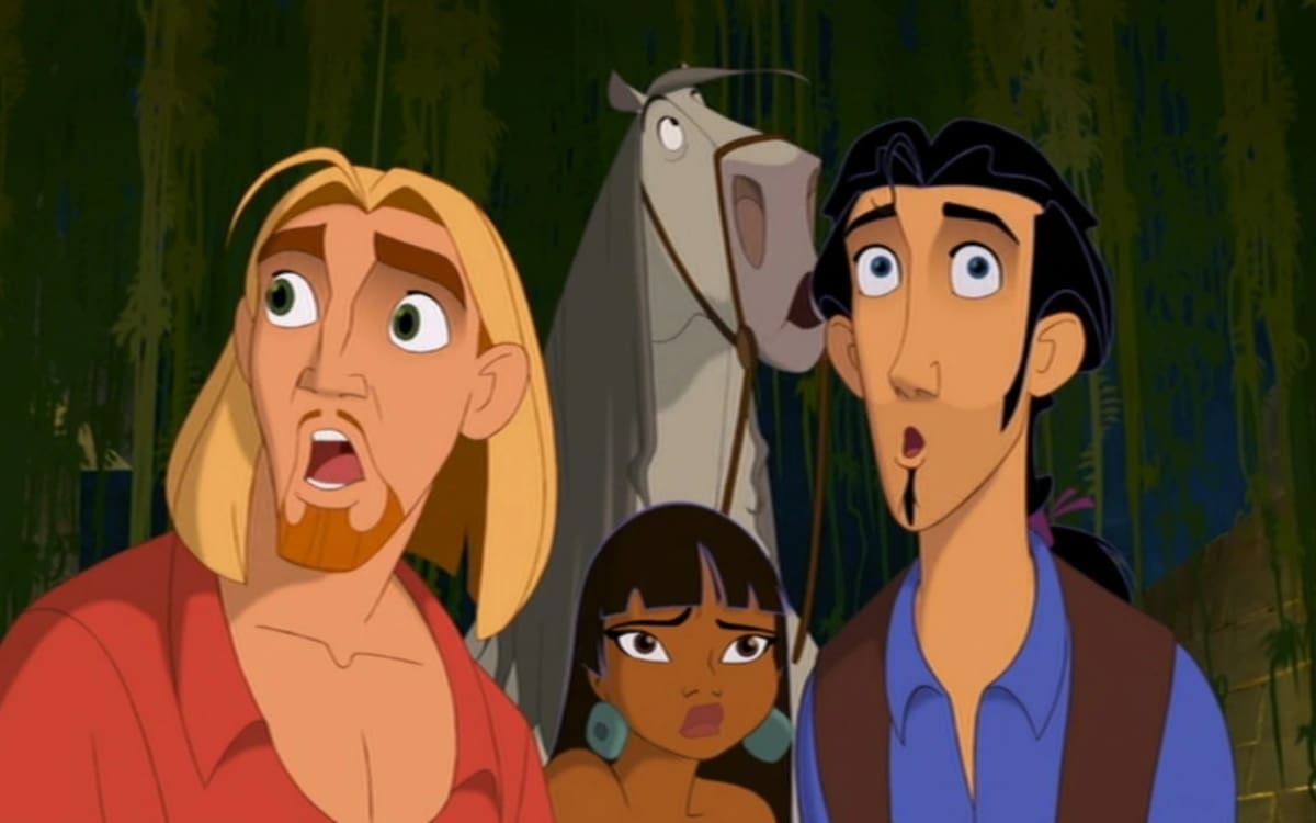 Chel (centro) se une a los españoles Miguel y Tulio en su empeño por robar los tesoros de la legendaria ciudad de "El Dorado", localizada en América