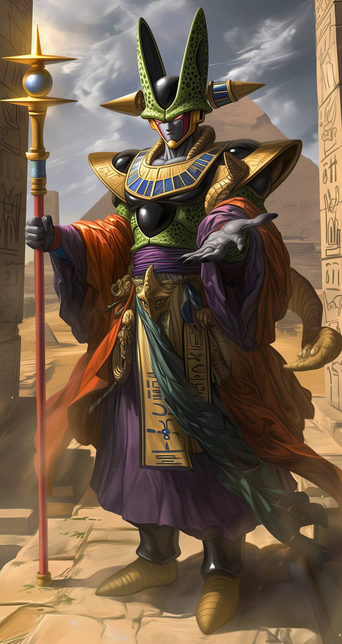 Así se vería Cell en el antiguo egipto según una IA. Como un hechicero del oráculo.