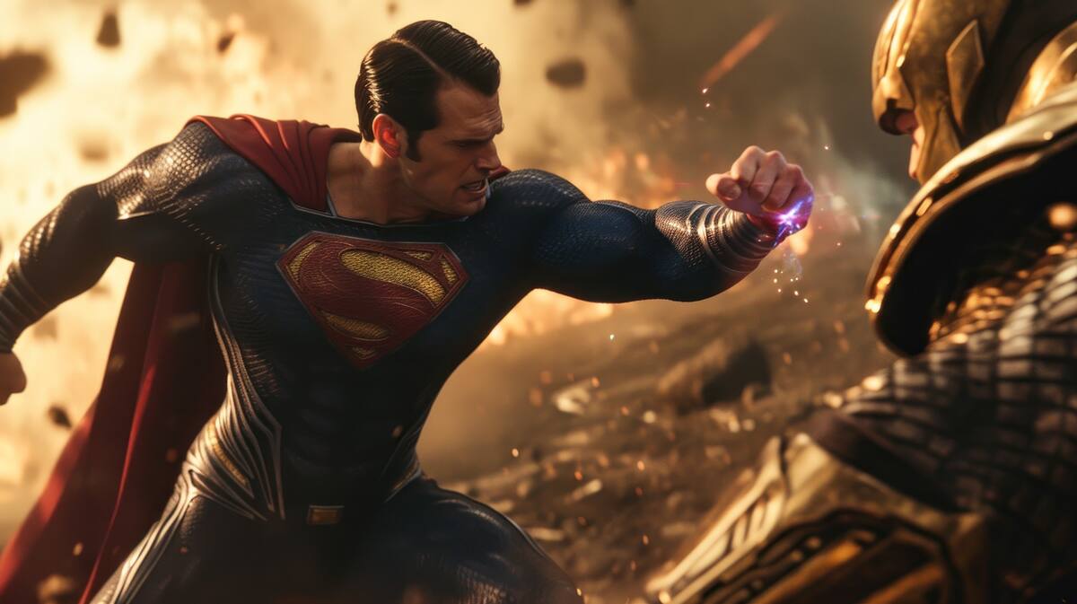 scenes of henry cavill as superman fighting with Thanos , cinematic, David Fincher photography style, 8k --ar 16:9 --style raw --v 6 Job ID: 42522a80-14d2-4769-8437-36198d959635