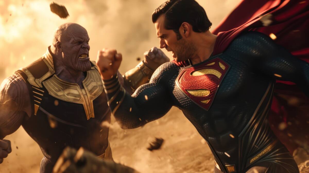 scenes of henry cavill as superman fighting with Thanos , cinematic, David Fincher photography style, 8k --ar 16:9 --style raw --v 6 Job ID: b2bcd96c-ab27-4a7a-aa75-2620279e4eec