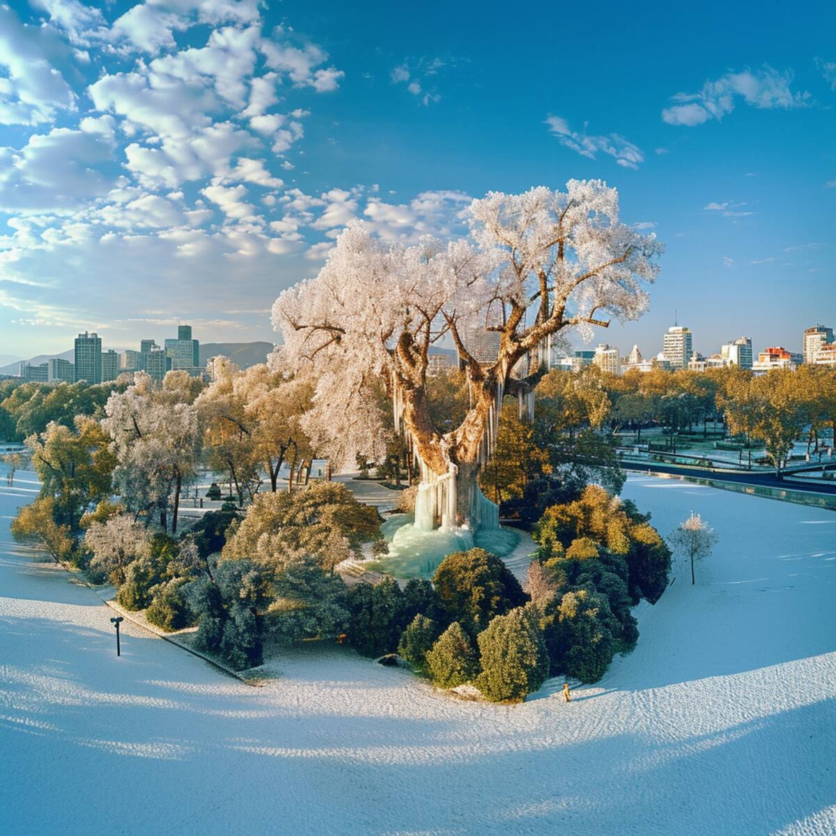 La artesanía de la naturaleza revelada: árboles y farolas de Chapultece, transformadas en esculturas cristalinas, creando una atmósfera mágica en parques urbanos.