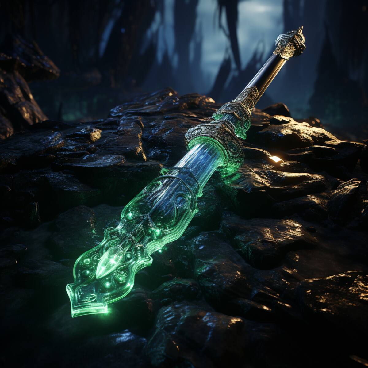 Detalles meticulosos resaltan la creación del primer sable de luz en la cueva de cristales, con destellos radiantes y reflejos vibrantes en la superficie del arma