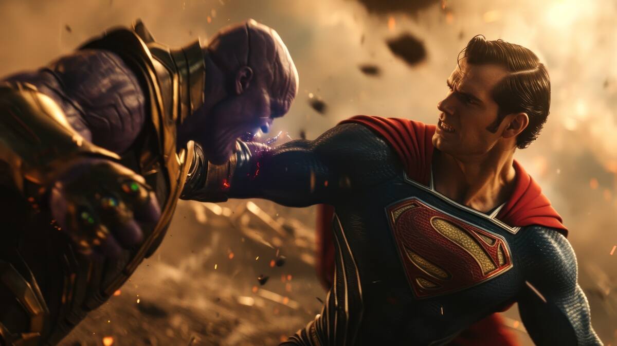 scenes of henry cavill as superman fighting with Thanos , cinematic, David Fincher photography style, 8k --ar 16:9 --style raw --v 6 Job ID: a275713f-4818-4dea-b9ce-5196d077ae86