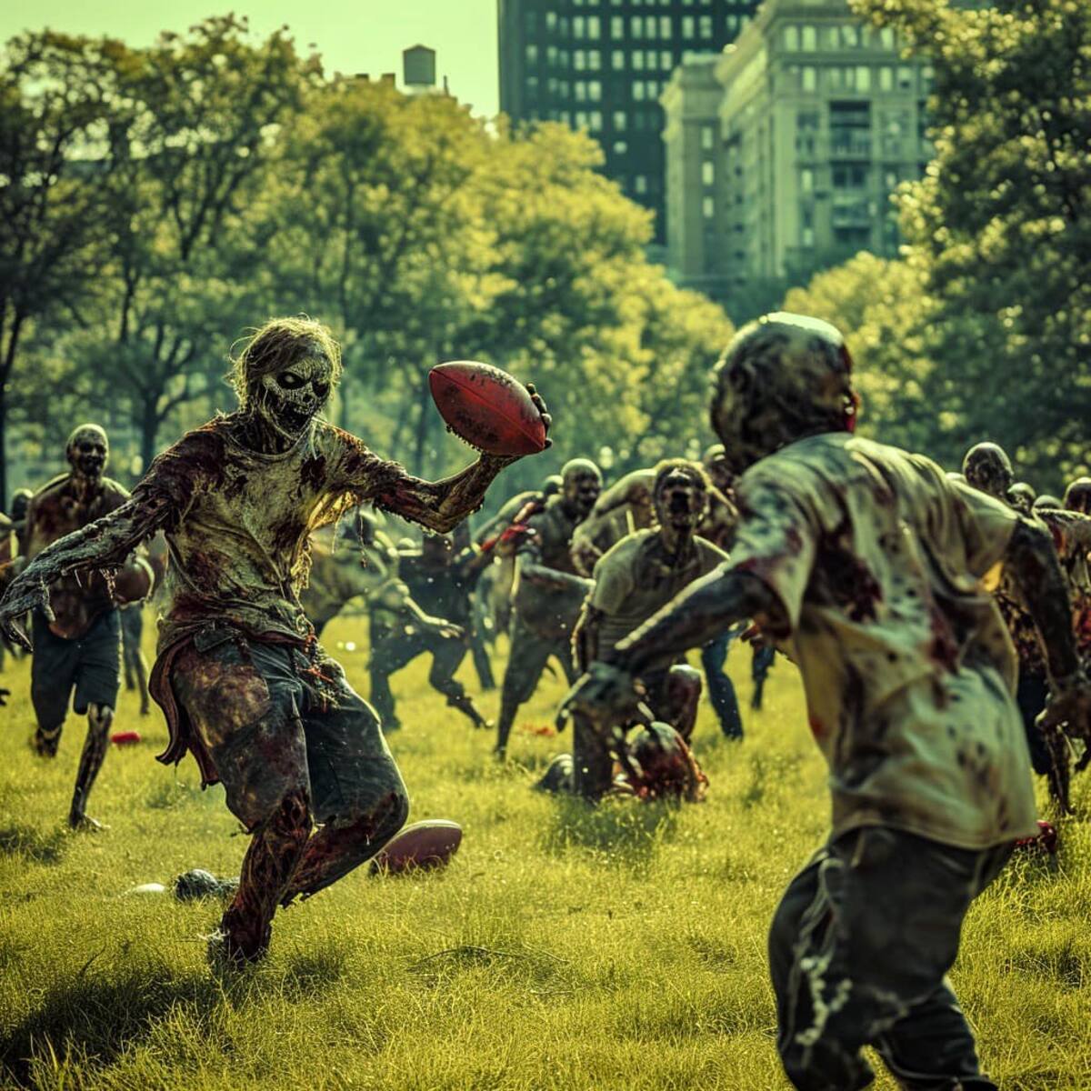 Explora la vida nocturna de los zombies, donde se mezclan la socialización y la práctica de deportes en una comunidad posthumana única.