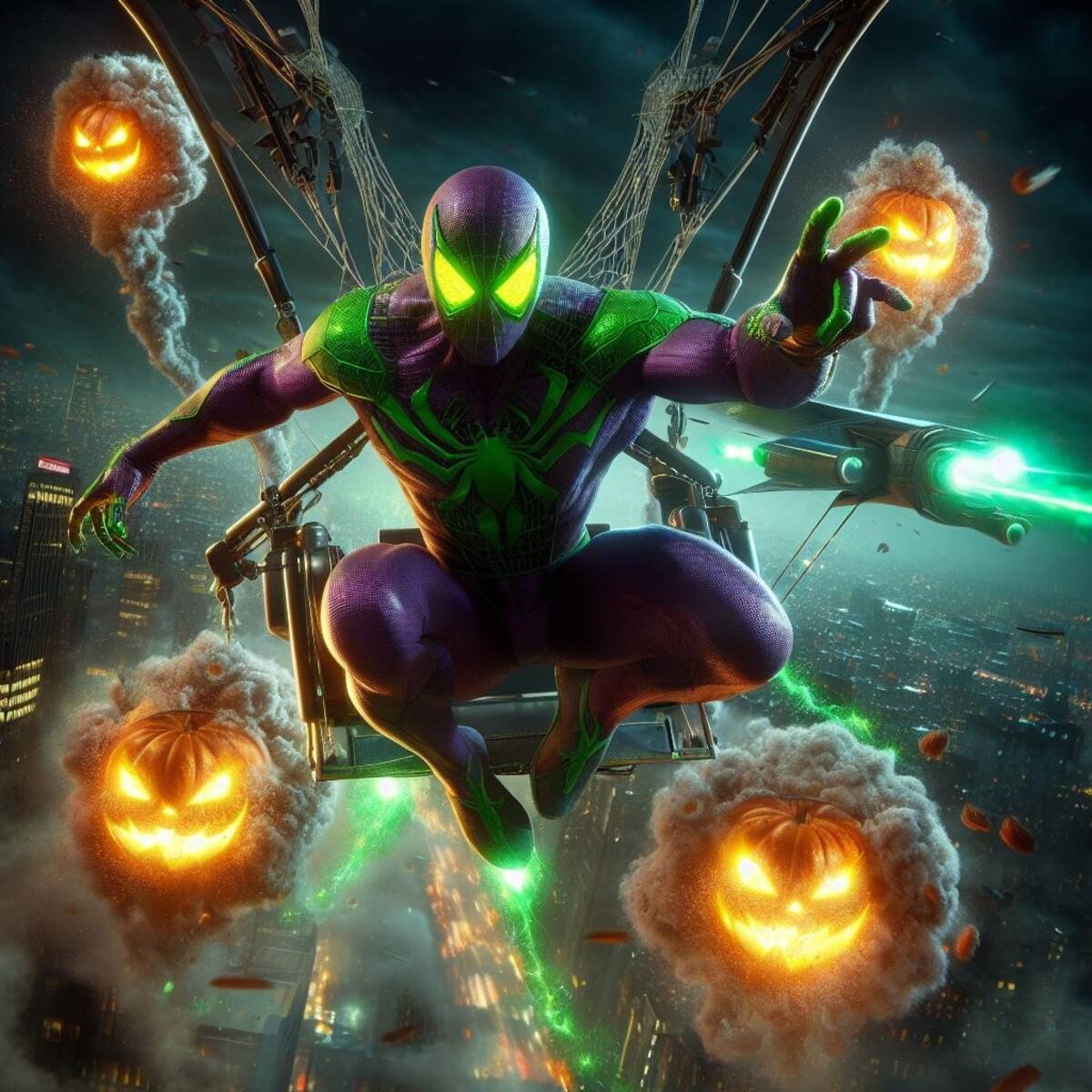 Spiderman y el Duende Verde en fusión apunto de lanzar una bomba. │ Supernal Studios